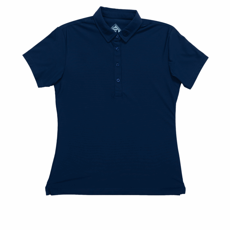 Navy blue short-sleeve polo shirt with collar and button placket.