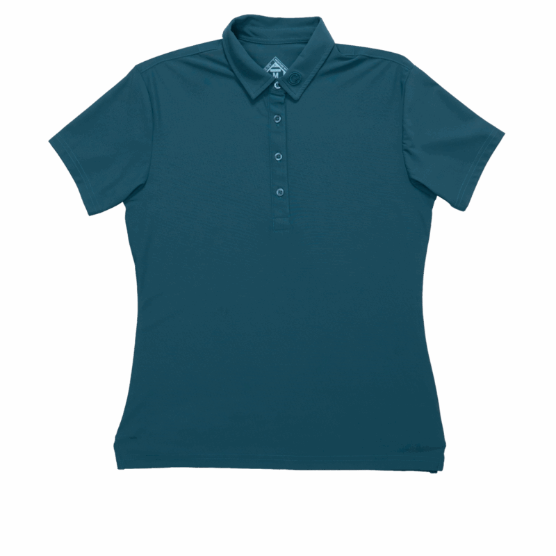 Teal short-sleeve polo shirt laid flat on a white background with a button placket and collar visible