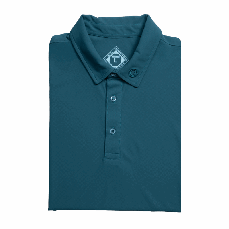 Folded teal polo shirt with collar and two-button placket visible.