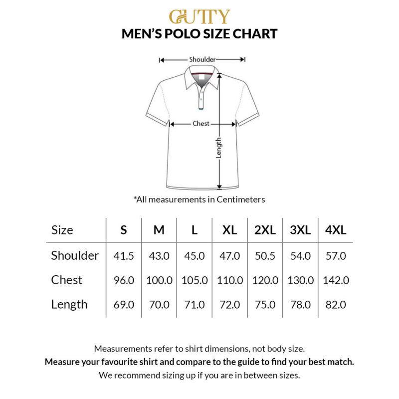 Guity men's polo size chart with shoulder, chest, and length measurements (cm) for sizes S–4XL.
