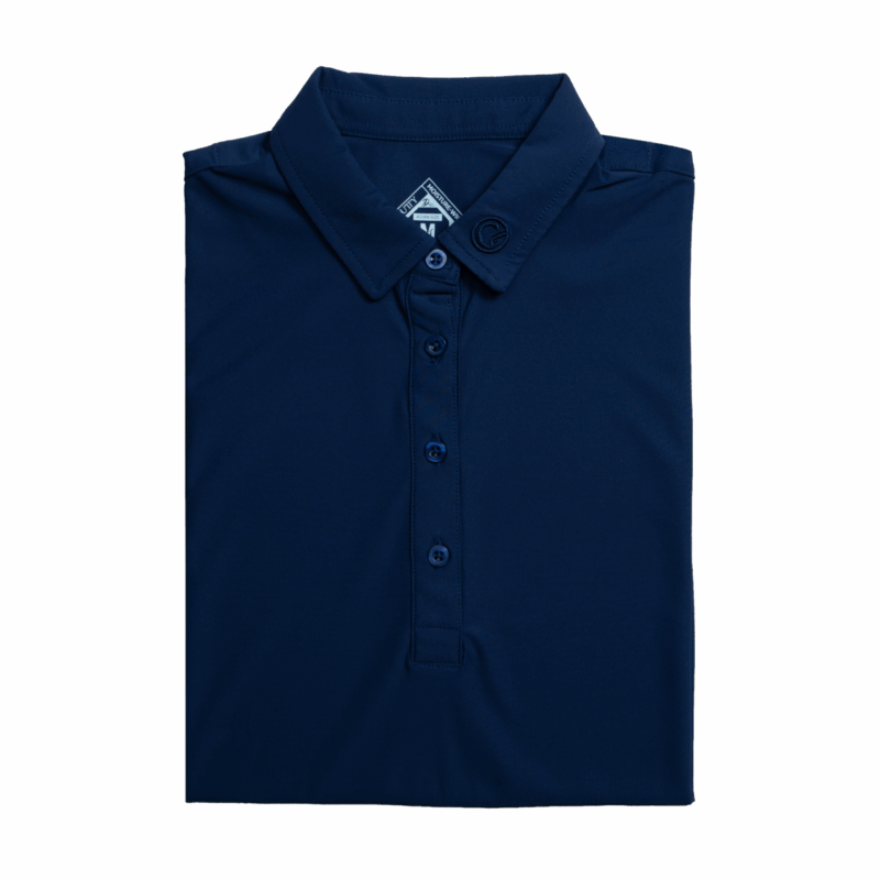 Folded navy polo shirt with a button front and collar, ready for display.