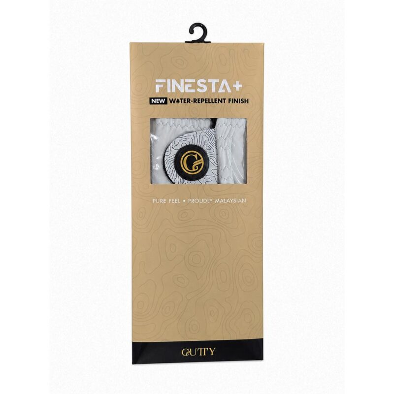 Packaging for FinestA+ water-repellent finish product, with a clear window showing white fabric and a black-gold circular logo.
