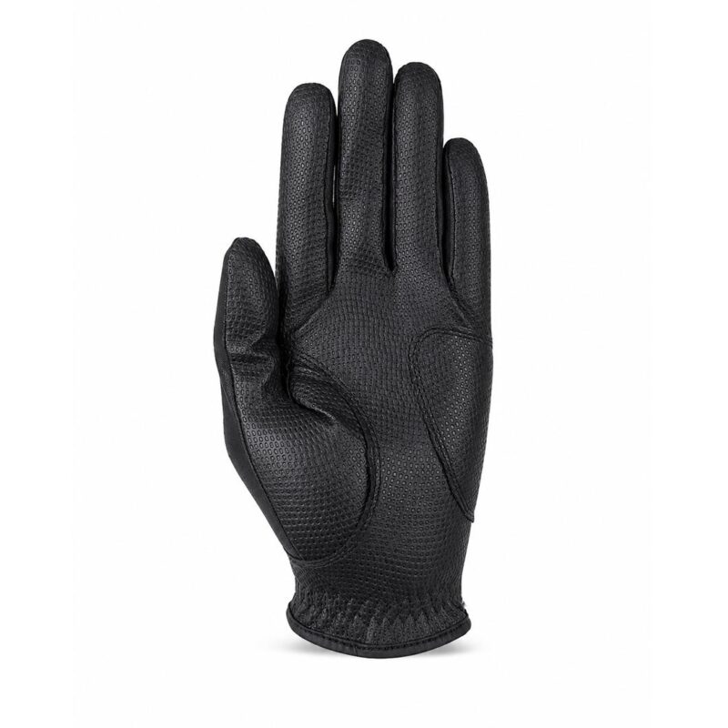 Black textured glove with a dotted pattern and an elastic wrist cuff, shown from the back of the hand (informative product image).
