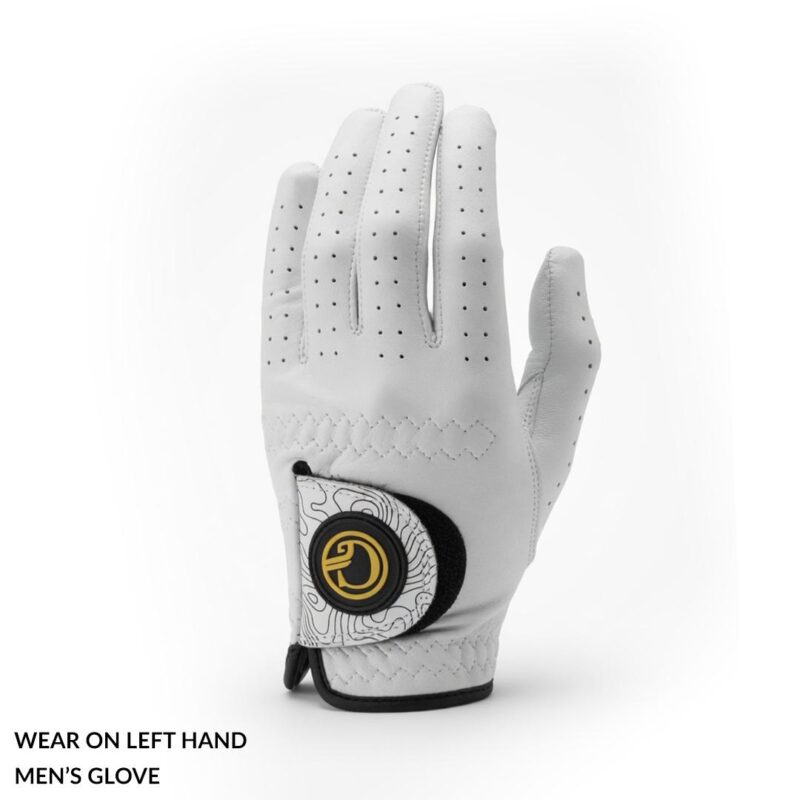White men's golf glove for left hand with perforated fingers and a logo strap at the wrist.