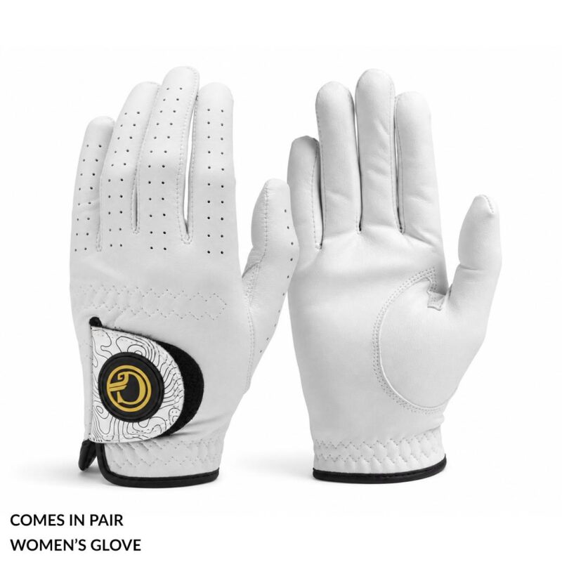 Pair of white women's gloves with perforated fingers and a decorative strap with a round patch on the wrist (golf or driving-style glove)
