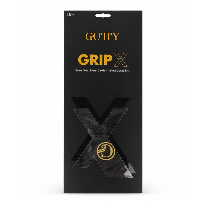 Black packaging for GUTTY Grip X with bold gold 'GRIP X' text and a gold emblem on a black background, 24 cm noted at top-left