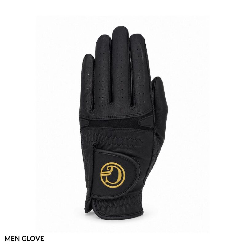 Black men's glove with perforated fingers and a padded wrist strap featuring a gold circular logo, shown against a white background for product display.