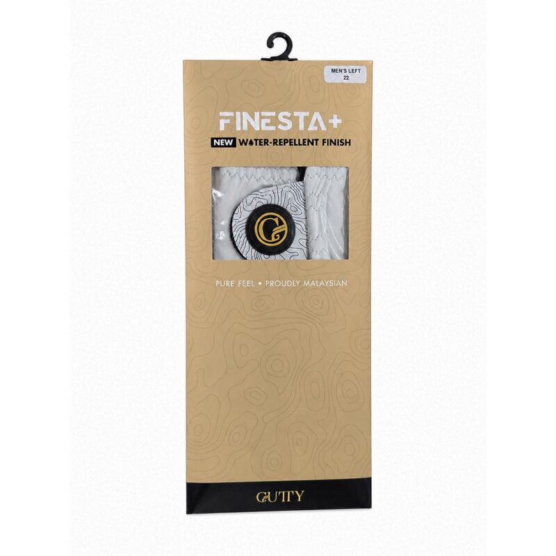 Packaging for FinestA+ water-repellent finish product, showing a hanging beige box with a clear window and a circular logo inside.