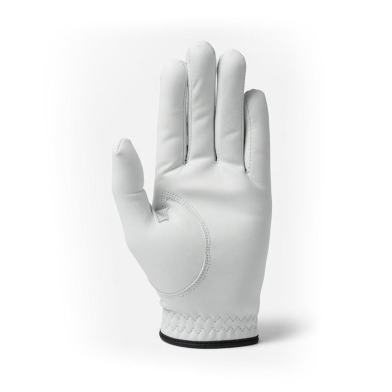 White leather driving/golf glove with palm patch and quilted wrist cuff, isolated on white background.