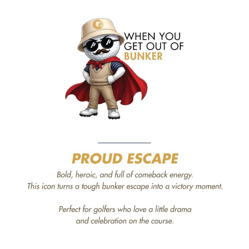 Cartoon golf ball superhero wearing a hat, sunglasses, vest and red cape; slogan reads 'When you get out of bunker'.