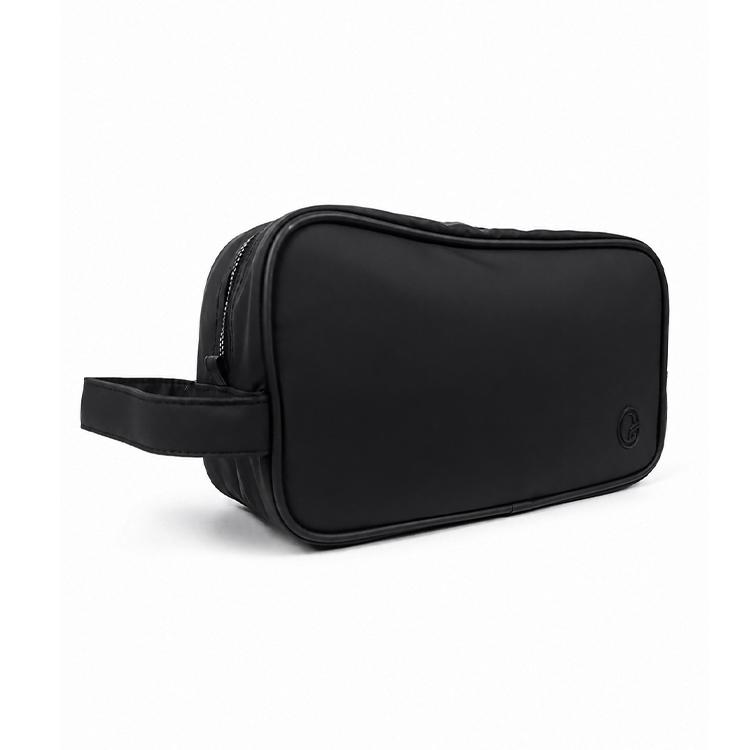 Black rectangular travel toiletry bag with a zippered top and a side handle on white background.