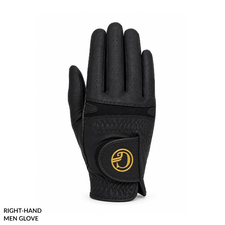 Black men's right-hand glove with a Velcro strap and yellow circular logo on the wrist, shown upright.