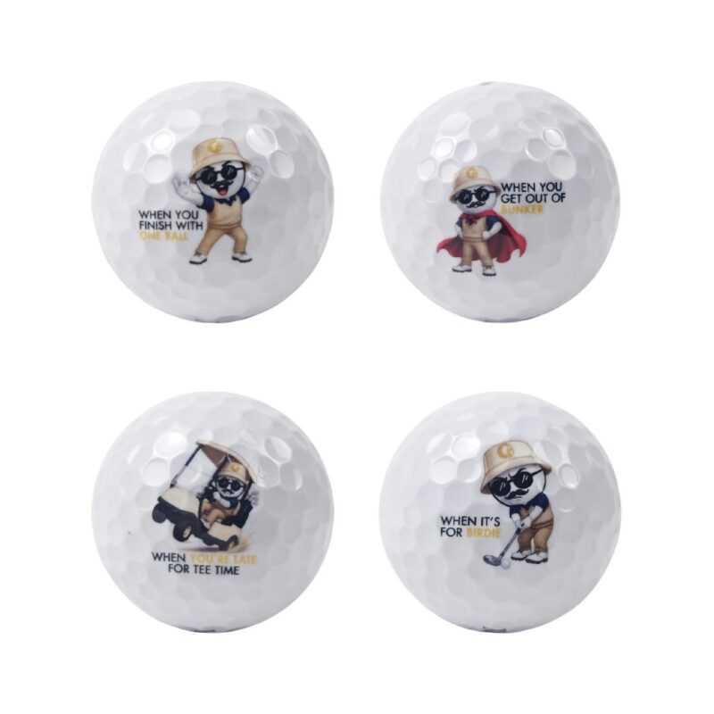 Four white golf balls featuring a panda golfer logo and captions on each ball (funny golfing phrases) against a white background