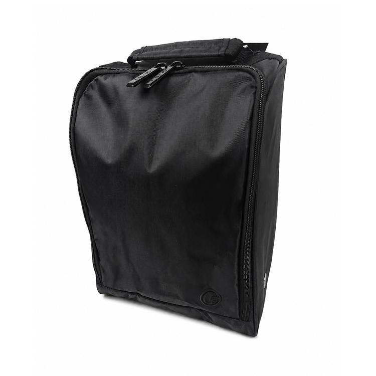 Black zippered travel bag standing upright with a top handle