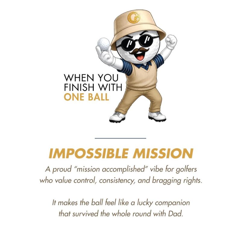 Cartoon golf ball mascot in a tan outfit and cap celebrating with a golf ball, with the slogan 'When you finish with one ball' on the left.