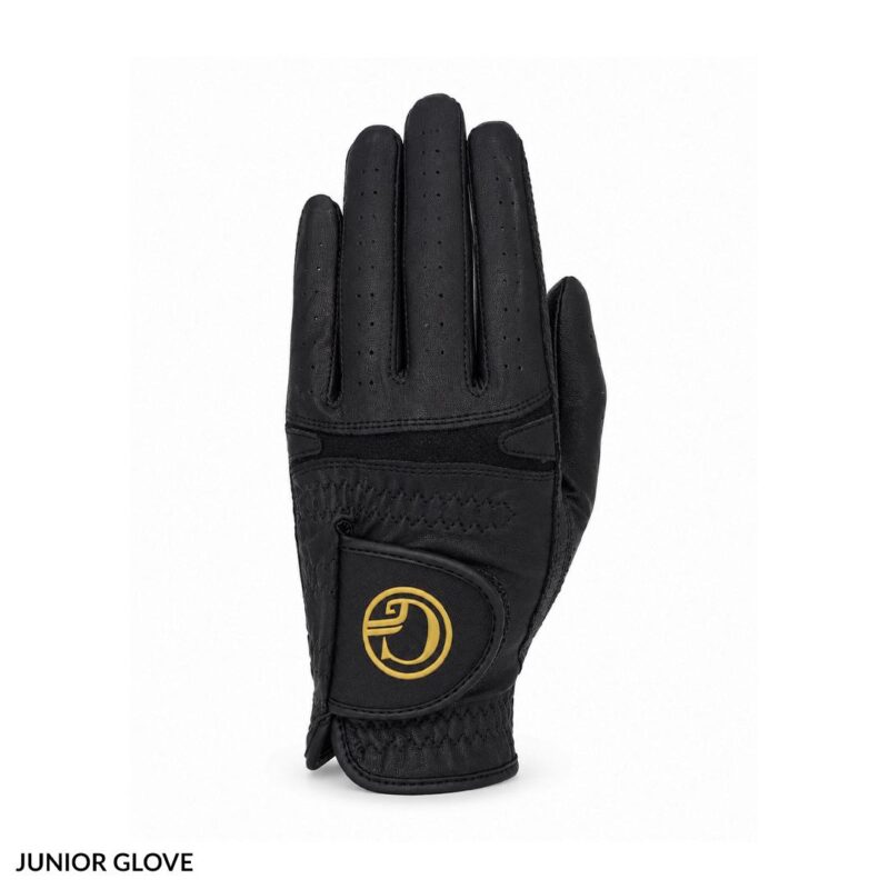 Junior black riding glove with perforated fingers and a Velcro wrist strap featuring a gold circular logo at the wrist
