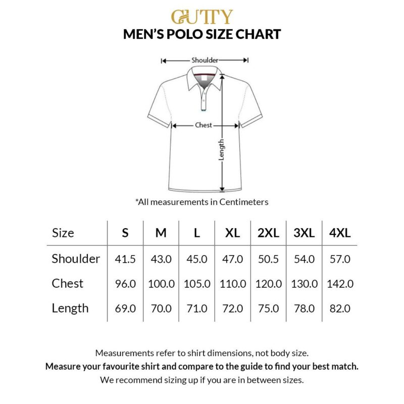 Guity men's polo size chart showing shoulder, chest, and length measurements (cm) for sizes S–4XL.
