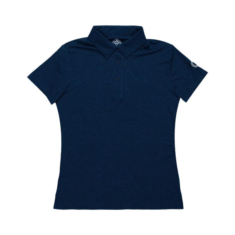 Navy blue women's polo shirt with a subtle palm leaf pattern and a three-button placket.