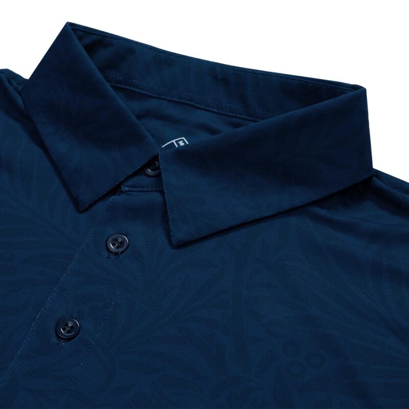 Navy blue polo shirt collar with three buttons visible on the placket, close-up detail.