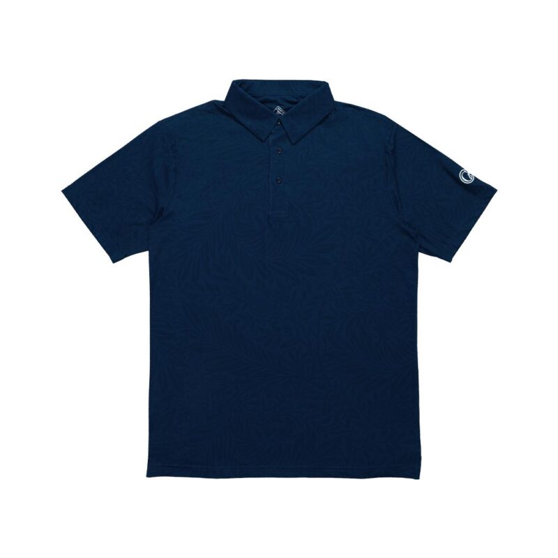 Navy short-sleeve polo shirt with a subtle tropical palm pattern and a small logo on the right sleeve.